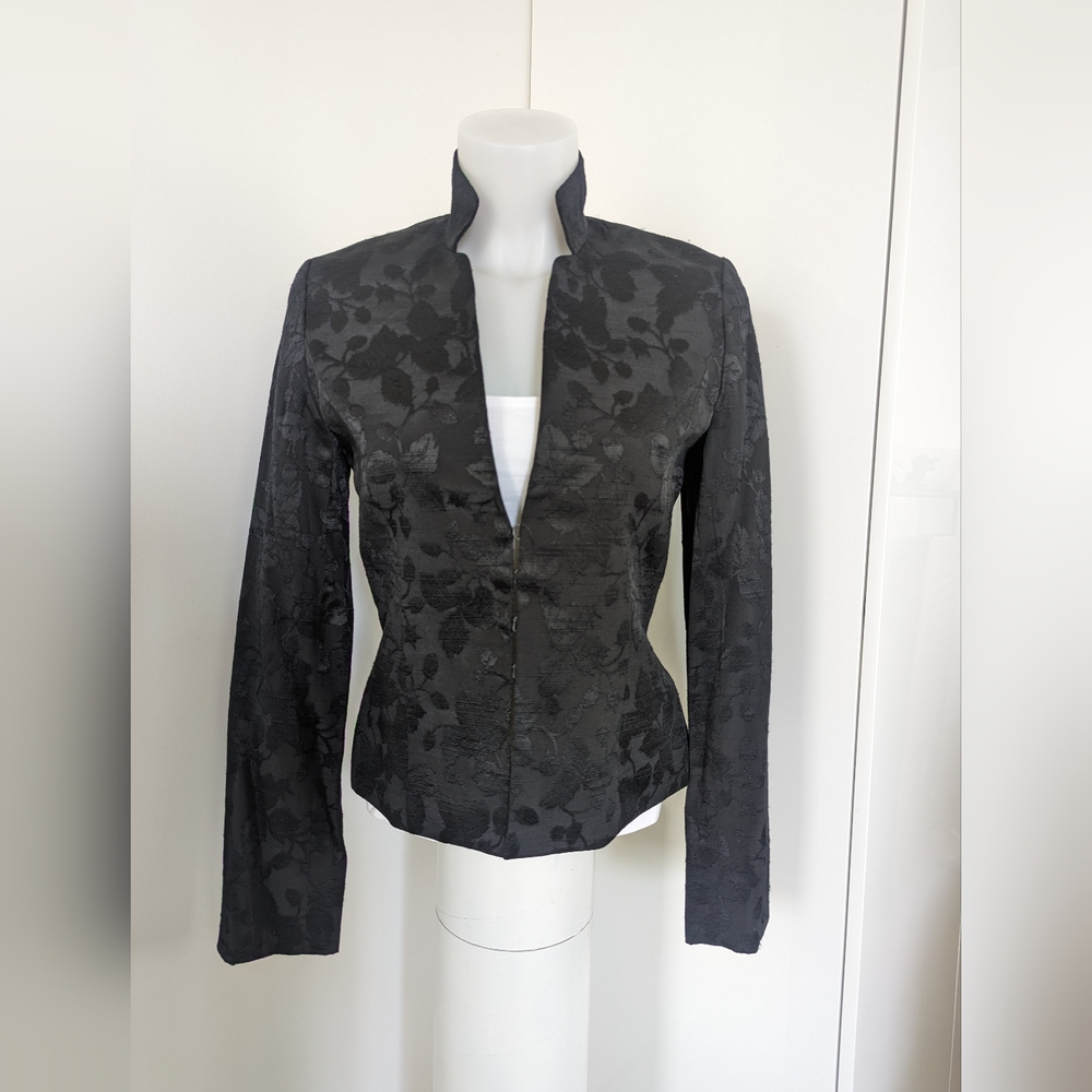 Vintage 90s Black Jacket; Textured Floral Pattern; Mandarin Style Collar;LikelyM